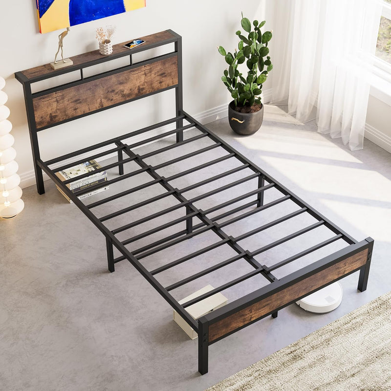 Metal Bed Frame with Wooden Headboard Shelves