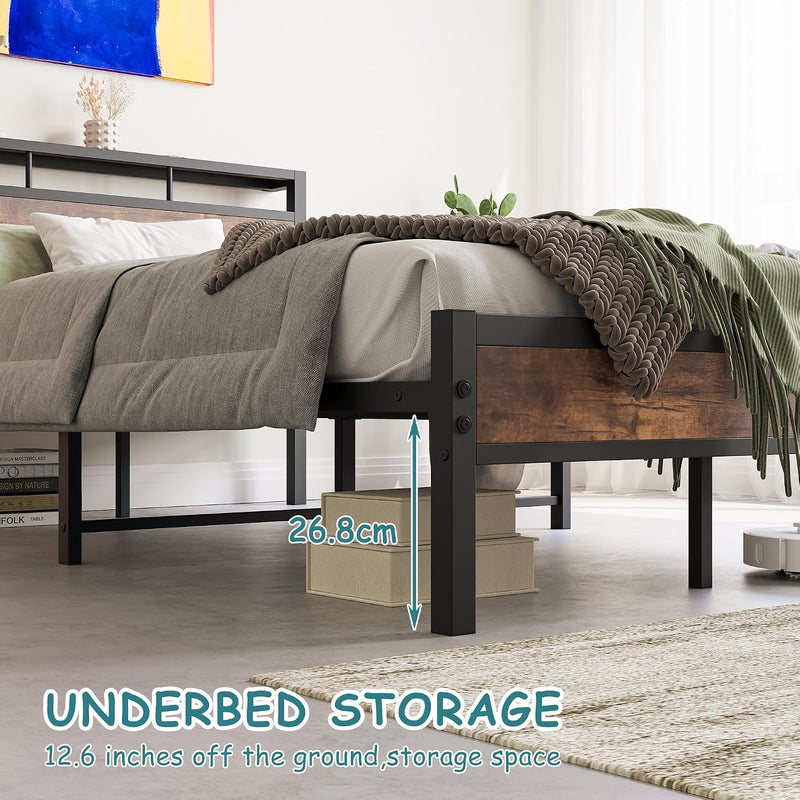 Metal Bed Frame with Wooden Headboard Shelves
