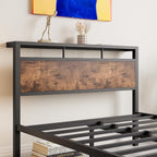 Metal Bed Frame with Wooden Headboard Shelves