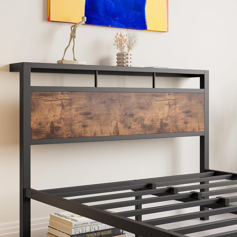 Metal Bed Frame with Wooden Headboard Shelves