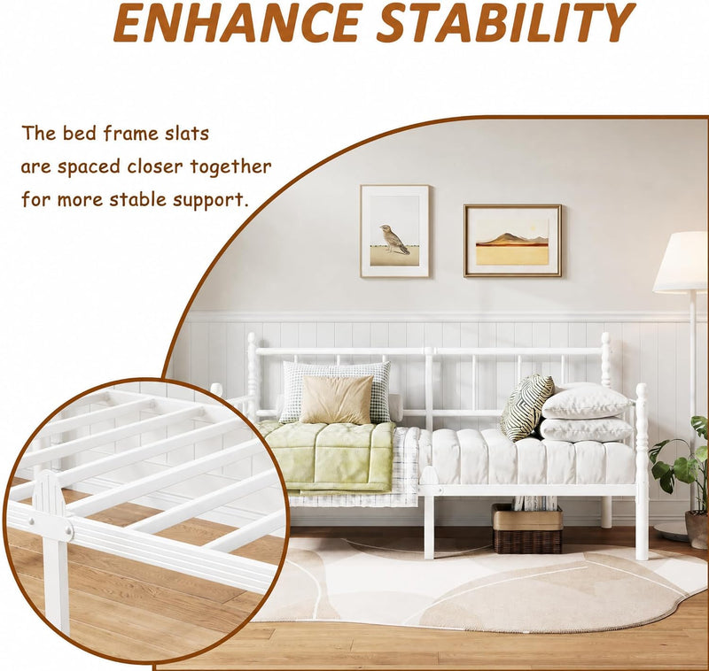 Metal Day Bed Frame with Headboard and Slatted