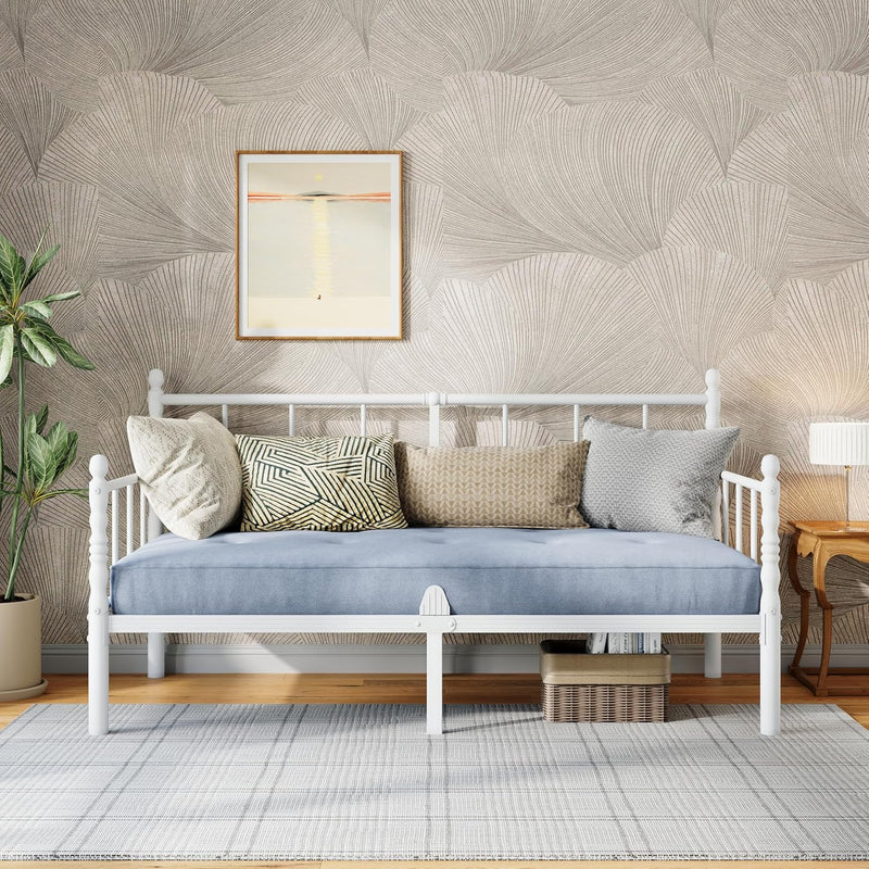 Metal Day Bed Frame with Headboard and Slatted