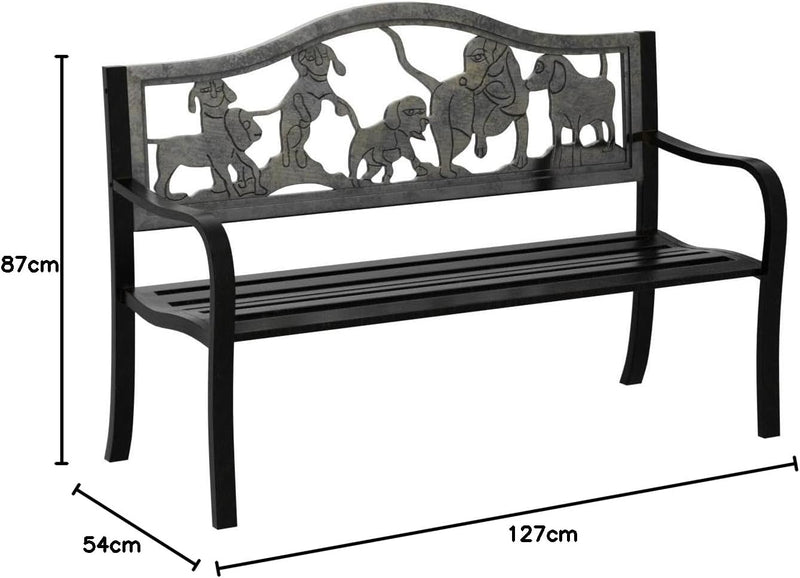 Metal Garden Bench with Cast Iron Puppies Backrest