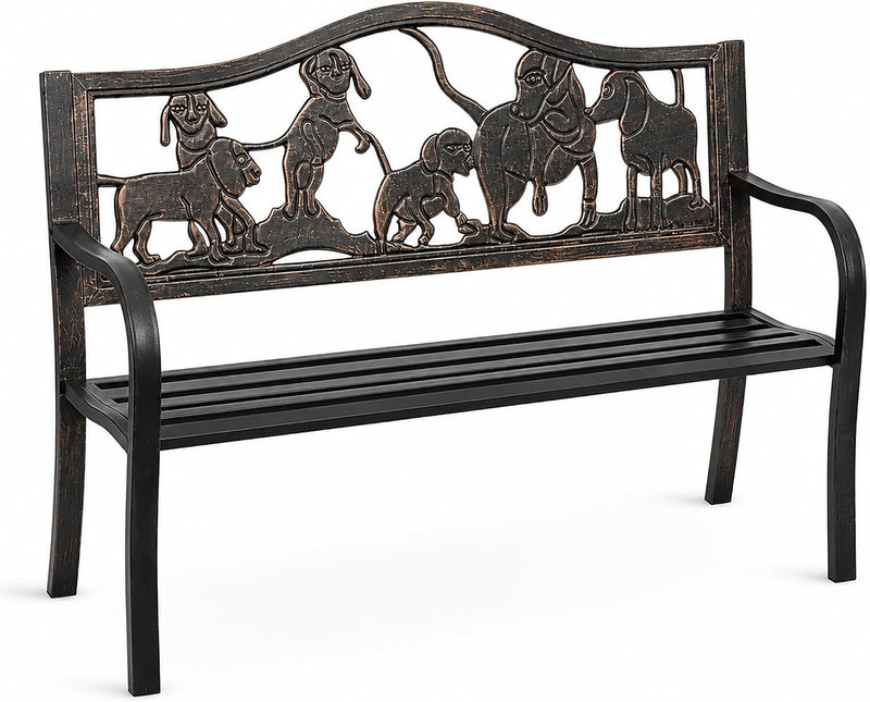 Metal Garden Bench with Cast Iron Puppies Backrest