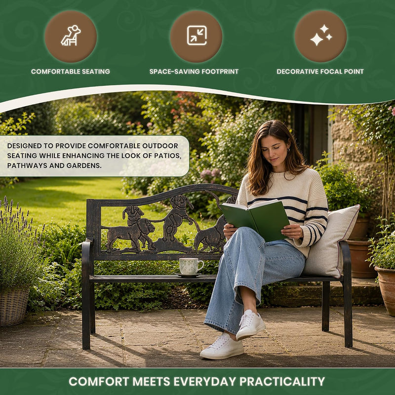 Metal Garden Bench with Cast Iron Puppies Backrest