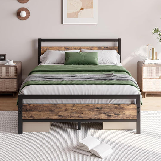 Metal Platform Bed Frame Size with Wooden Headboard
