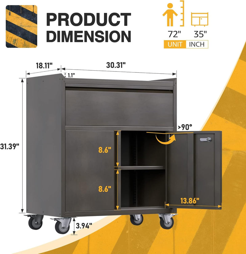 Metal Storage Cabinet with Wheels Rolling 2 Doors