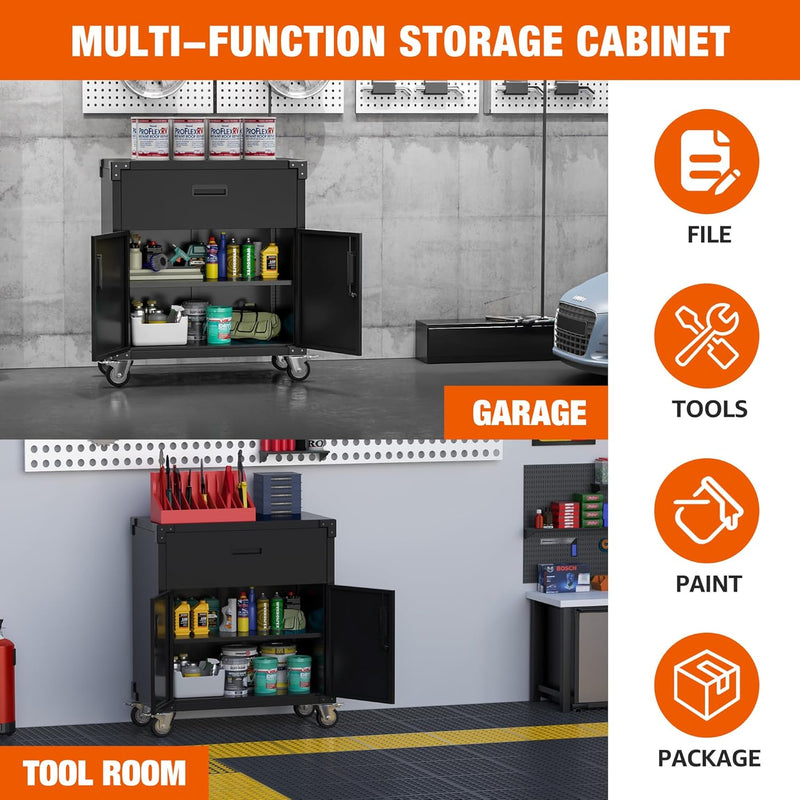 Metal Storage Cabinet with Wheels Rolling 2 Doors