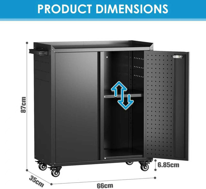Metal Tool Cabinet with Wheels Pegboard 87x66x35CM Locking