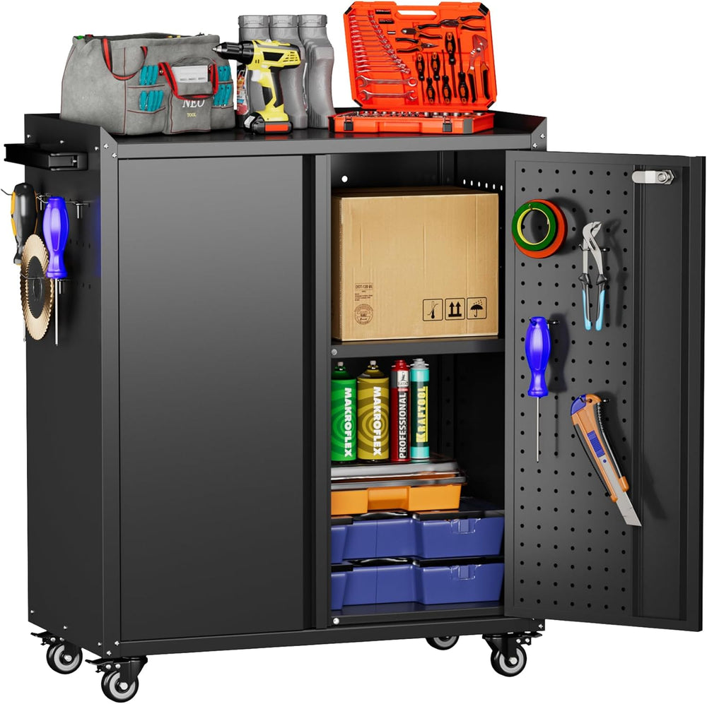Metal Tool Cabinet with Wheels Pegboard 87x66x35CM Locking