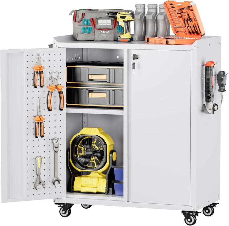 Metal Tool Cabinet with Wheels Pegboard 87x66x35CM Locking