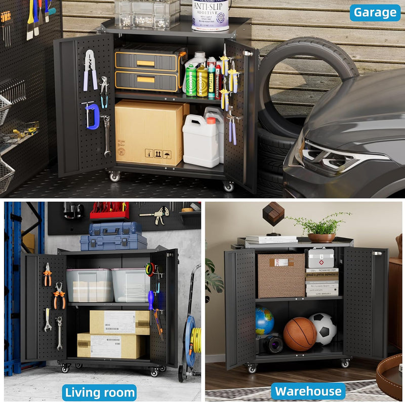 Metal Tool Cabinet with Wheels Pegboard 87x66x35CM Locking