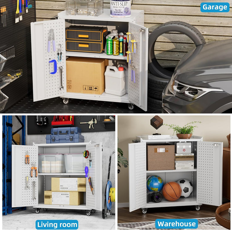 Metal Tool Cabinet with Wheels Pegboard 87x66x35CM Locking