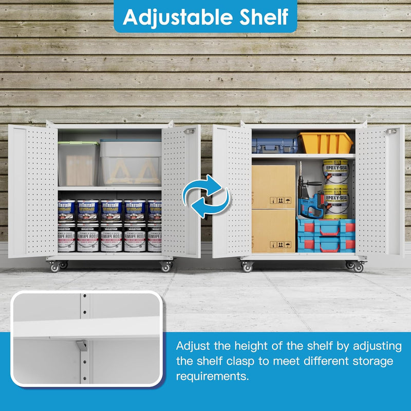 Metal Tool Cabinet with Wheels Pegboard 87x66x35CM Locking
