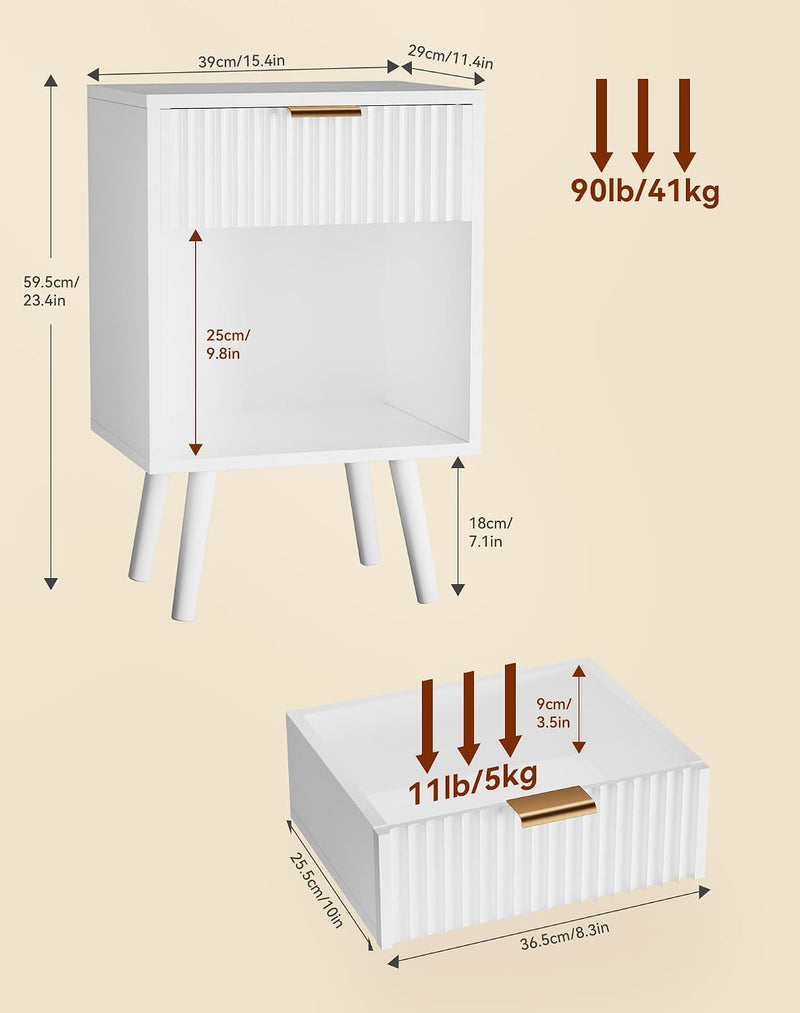 Mid Century Modern Nightstand Side Table with Fluted (Set of 2)