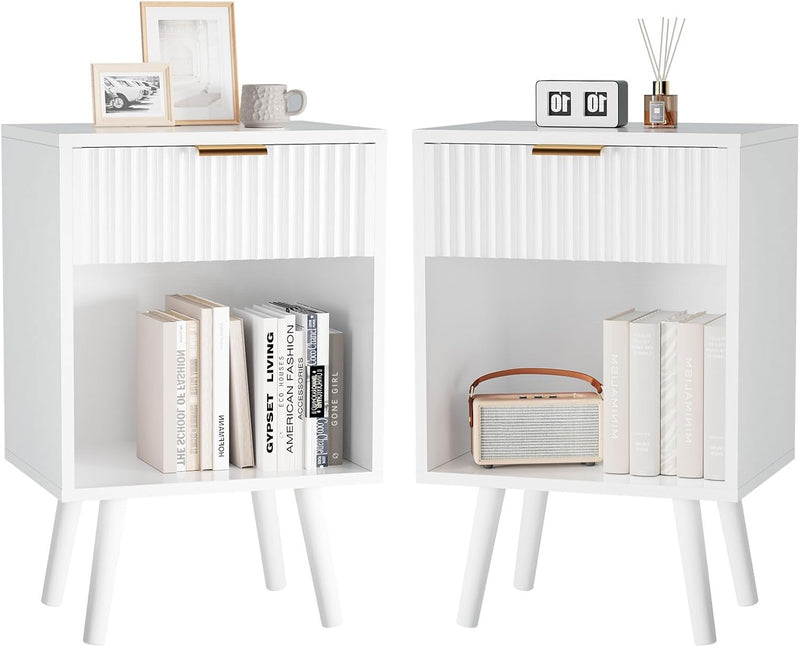 Mid Century Modern Nightstand Side Table with Fluted (Set of 2)
