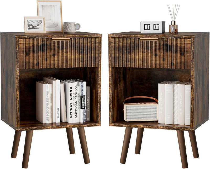 Mid Century Modern Nightstand Side Table with Fluted (Set of 2)