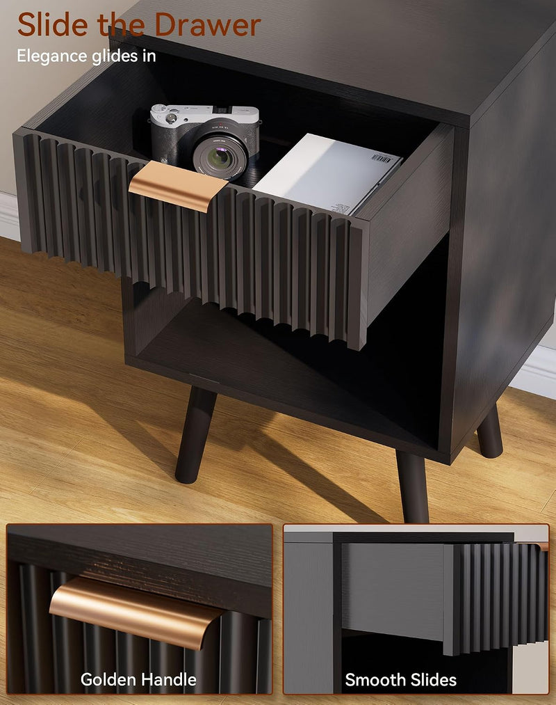 Mid Century Modern Nightstand Side Table with Fluted (Set of 2)