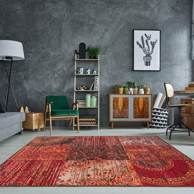 Milan Burnt Patchwork Traditional Living Room Rug