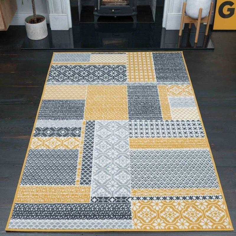 Milan Ochre Mustard Patchwork Squares Traditional Lounge Living Room