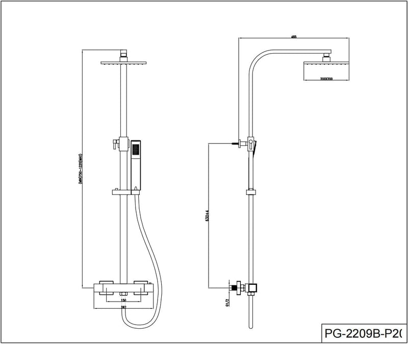 Mixer Set Thermostatic Square Rainfall Adjustable-Height