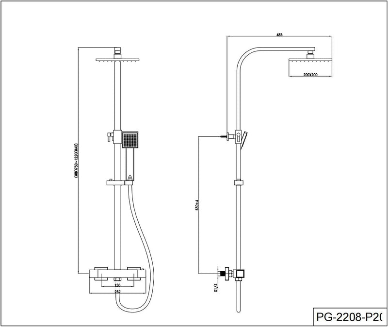Mixer Set Thermostatic with Rainfall Head Adjustable Height