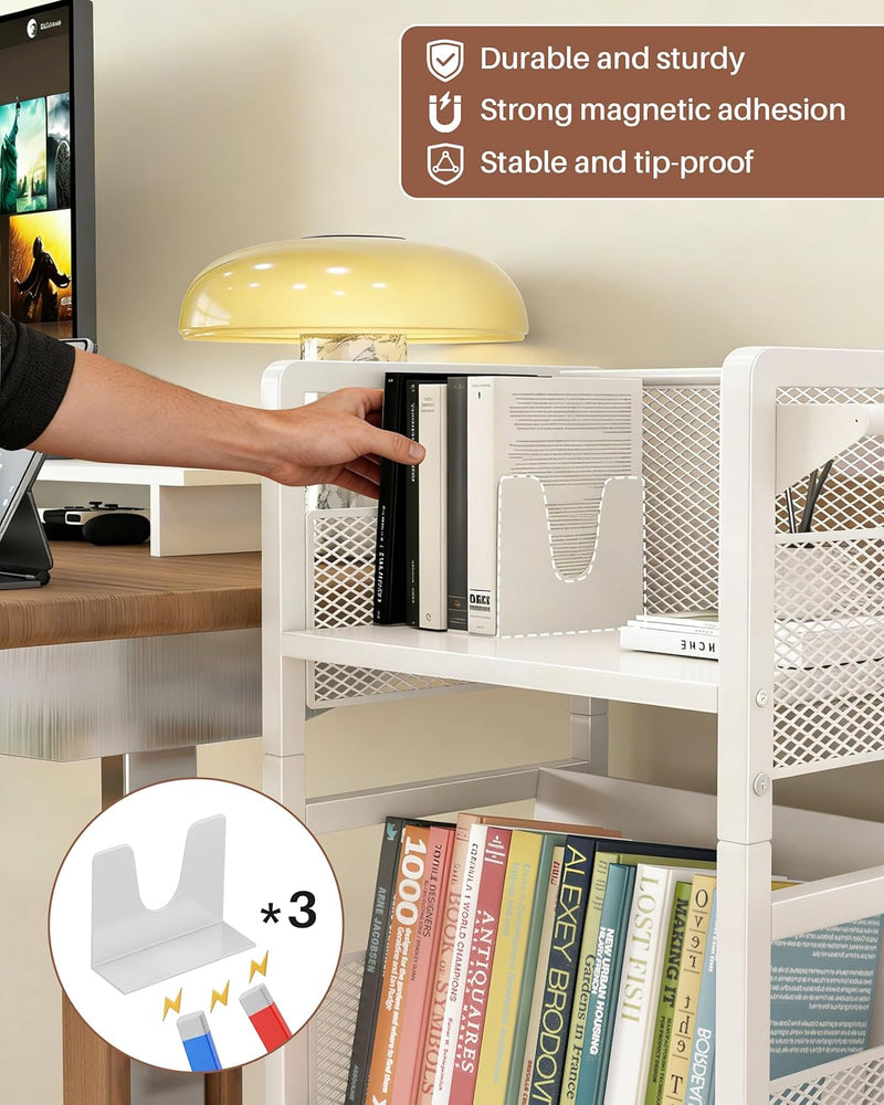 Mobile Bookshelf with Wheels Metal 3-Tier Book Trolley