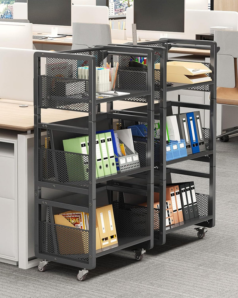 Mobile Bookshelf with Wheels Metal 3-Tier Book Trolley