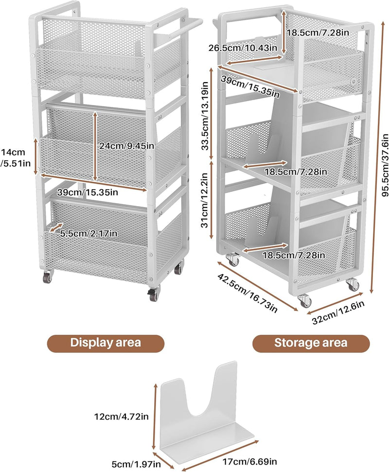 Mobile Bookshelf with Wheels Metal 3-Tier Book Trolley