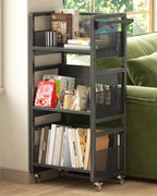 Mobile Bookshelf with Wheels Metal 3-Tier Book Trolley
