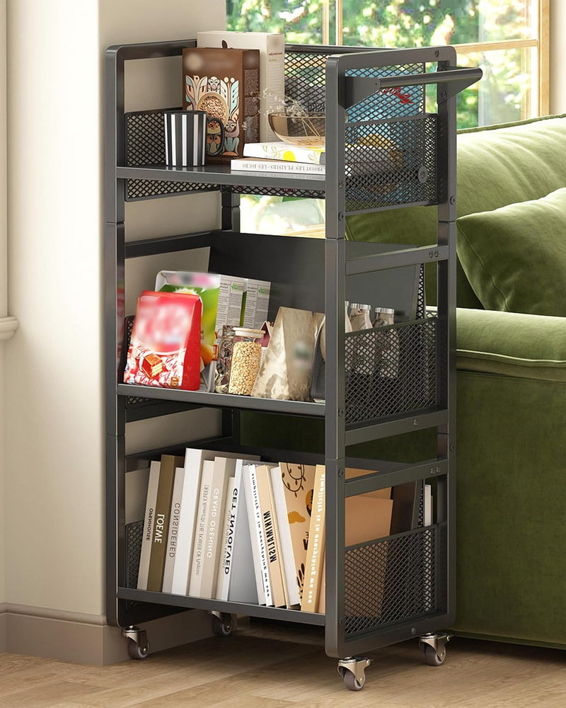 Mobile Bookshelf with Wheels Metal 3-Tier Book Trolley