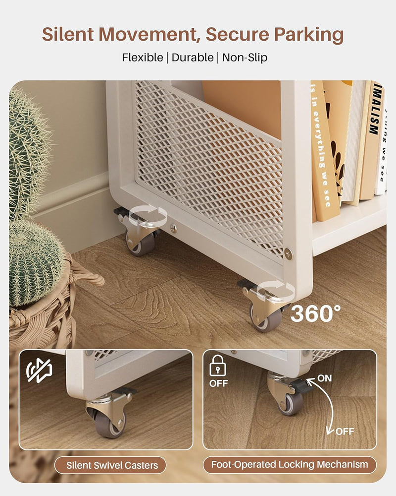 Mobile Bookshelf with Wheels Metal 3-Tier Book Trolley
