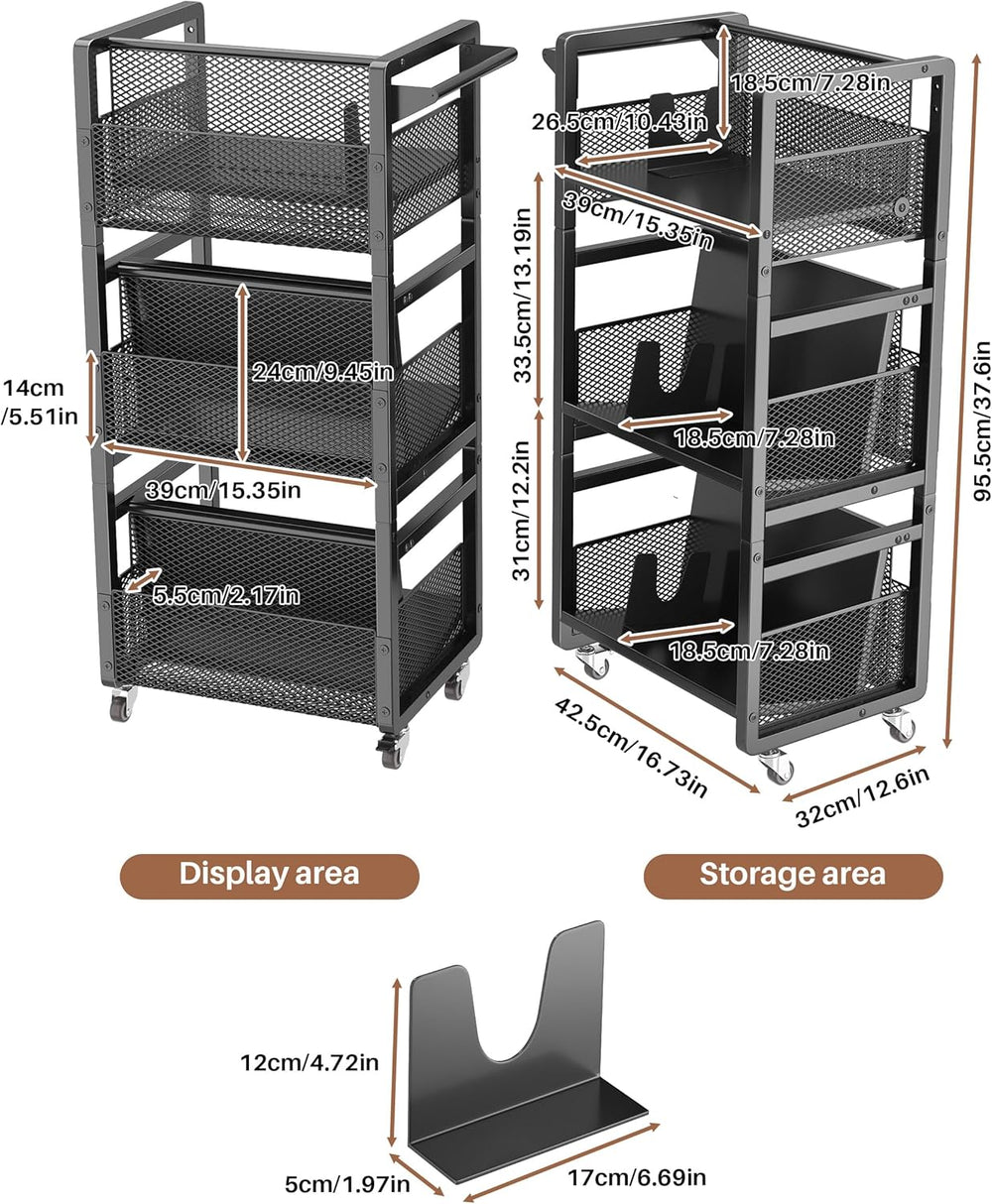 Mobile Bookshelf with Wheels Metal 3-Tier Book Trolley