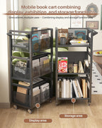 Mobile Bookshelf with Wheels Metal 3-Tier Book Trolley