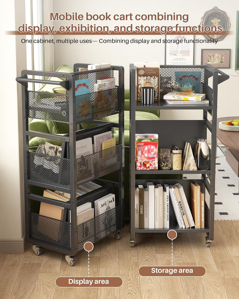 Mobile Bookshelf with Wheels Metal 3-Tier Book Trolley