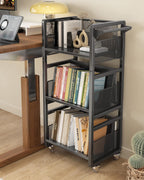 Mobile Bookshelf with Wheels Metal 3-Tier Book Trolley