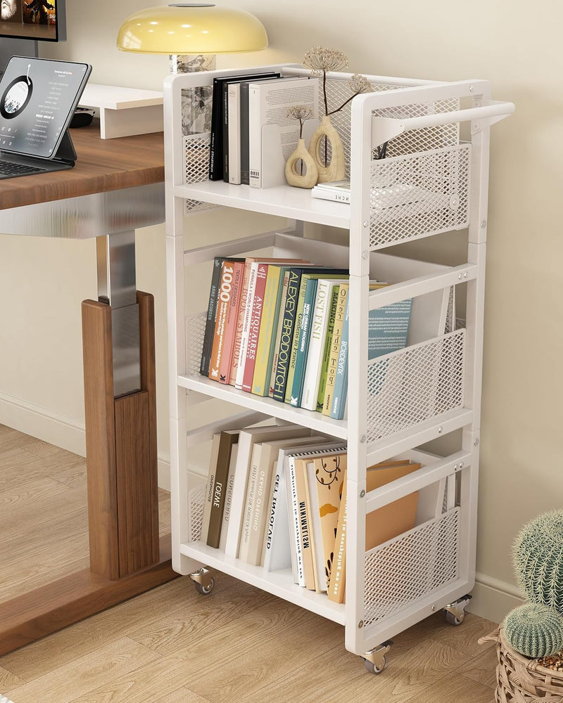 Mobile Bookshelf with Wheels Metal 3-Tier Book Trolley