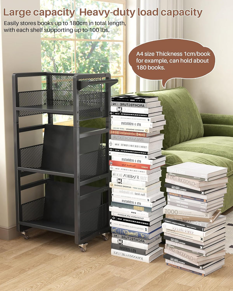 Mobile Bookshelf with Wheels Metal 3-Tier Book Trolley