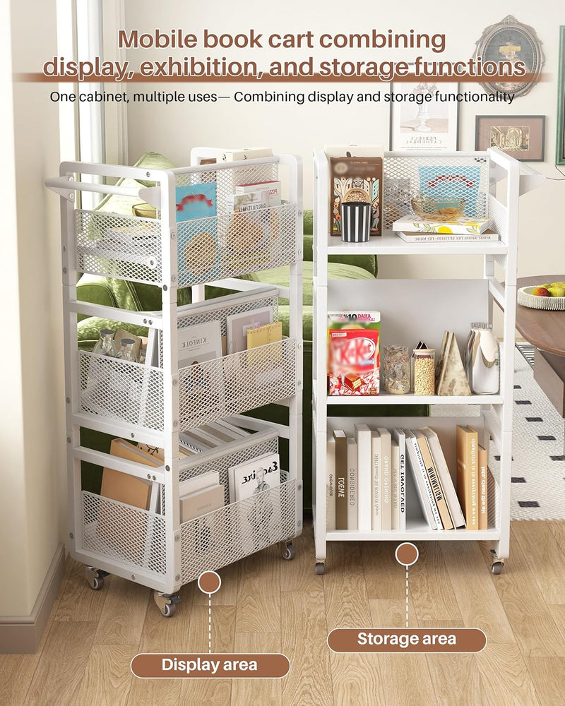 Mobile Bookshelf with Wheels Metal 3-Tier Book Trolley