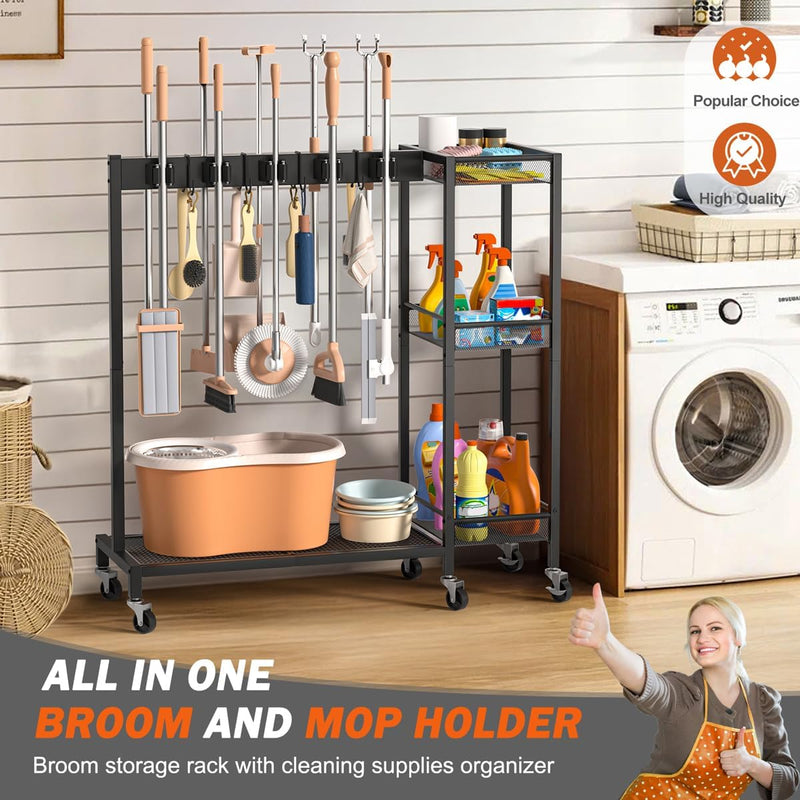 Mobile Cleaning Trolley with Mop Broom Holder Caddy