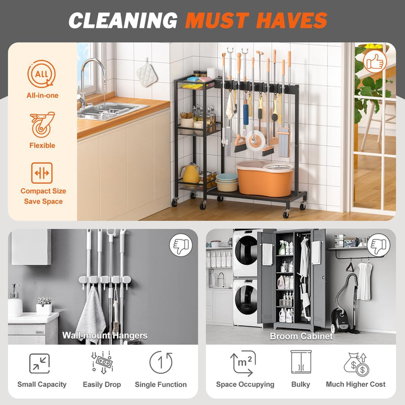 Mobile Cleaning Trolley with Mop Broom Holder Caddy