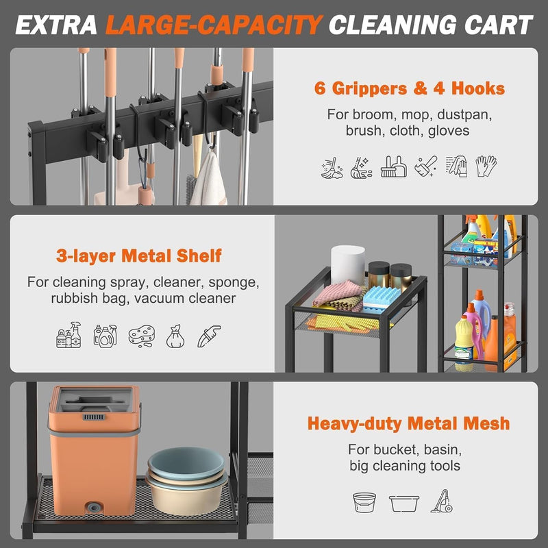 Mobile Cleaning Trolley with Mop Broom Holder Caddy