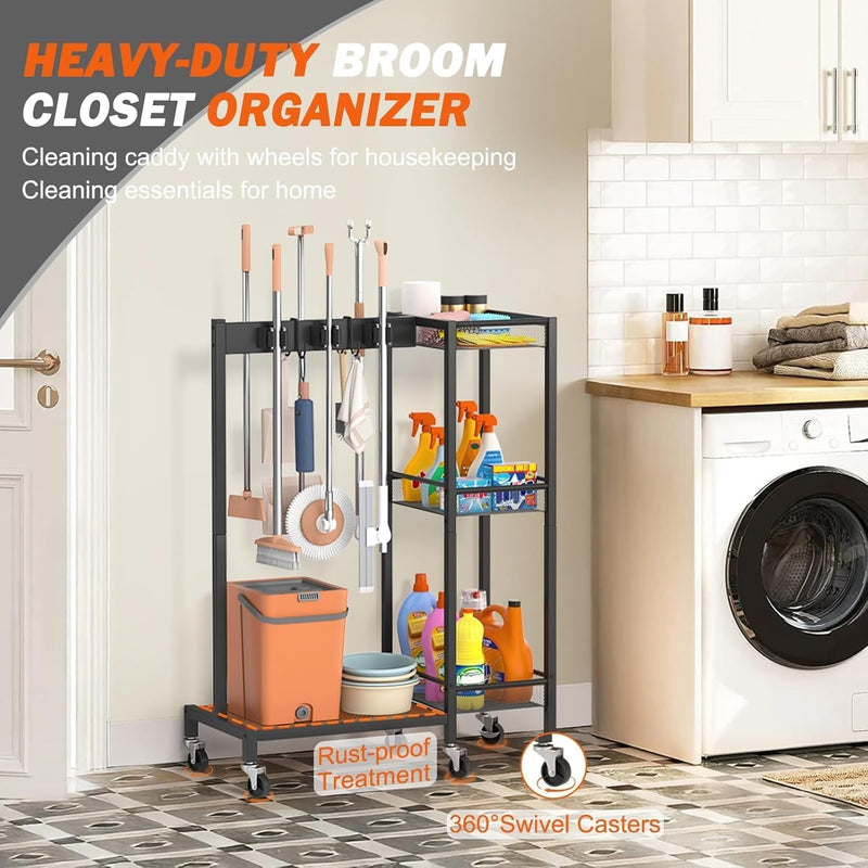 Mobile Cleaning Trolley with Mop Broom Holder Caddy