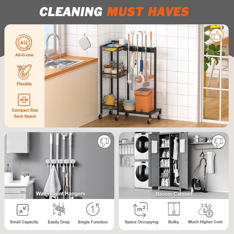 Mobile Cleaning Trolley with Mop Broom Holder Caddy