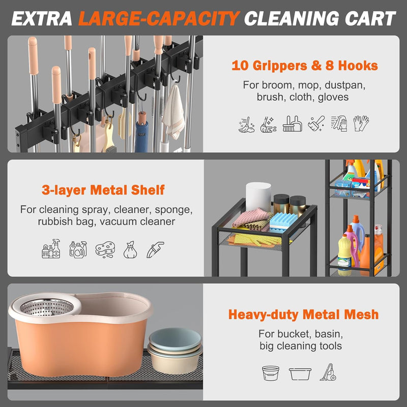 Mobile Cleaning Trolley with Mop Broom Holder Caddy