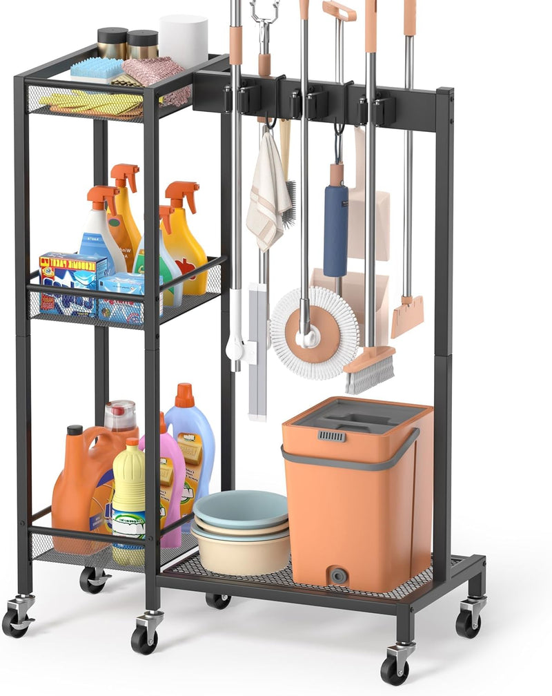 Mobile Cleaning Trolley with Mop Broom Holder Caddy