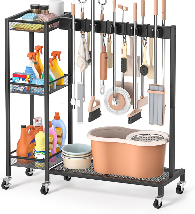Mobile Cleaning Trolley with Mop Broom Holder Caddy