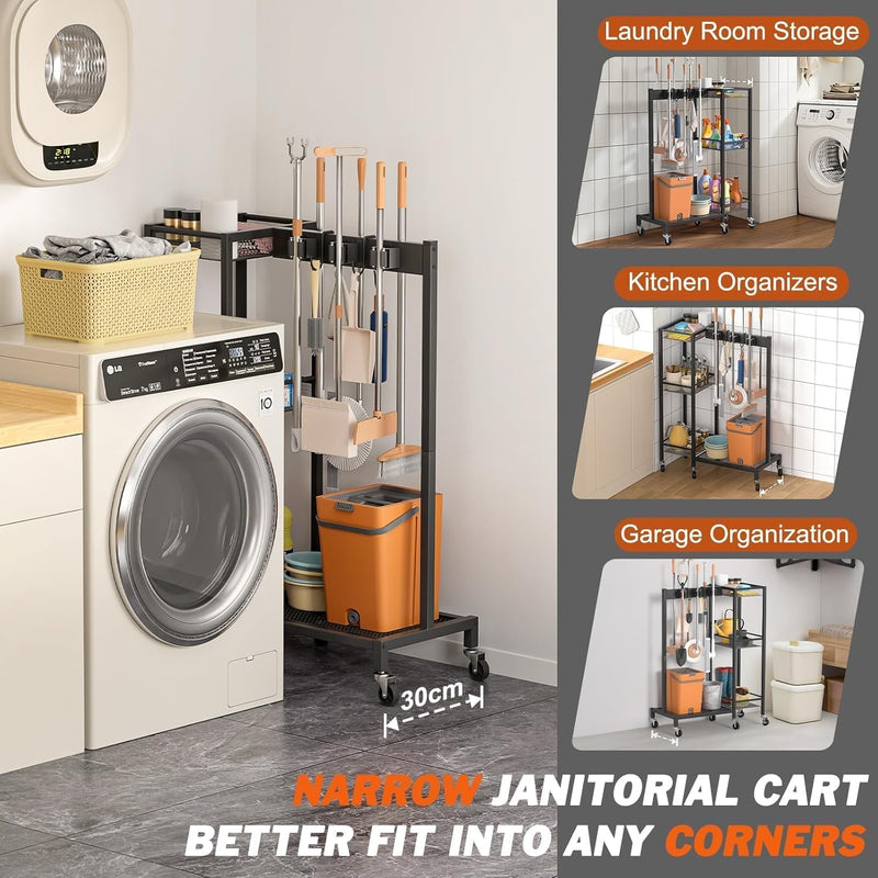 Mobile Cleaning Trolley with Mop Broom Holder Caddy