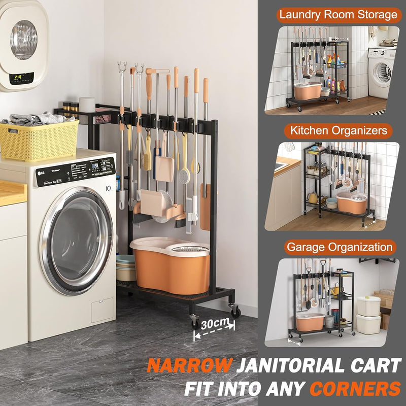 Mobile Cleaning Trolley with Mop Broom Holder Caddy
