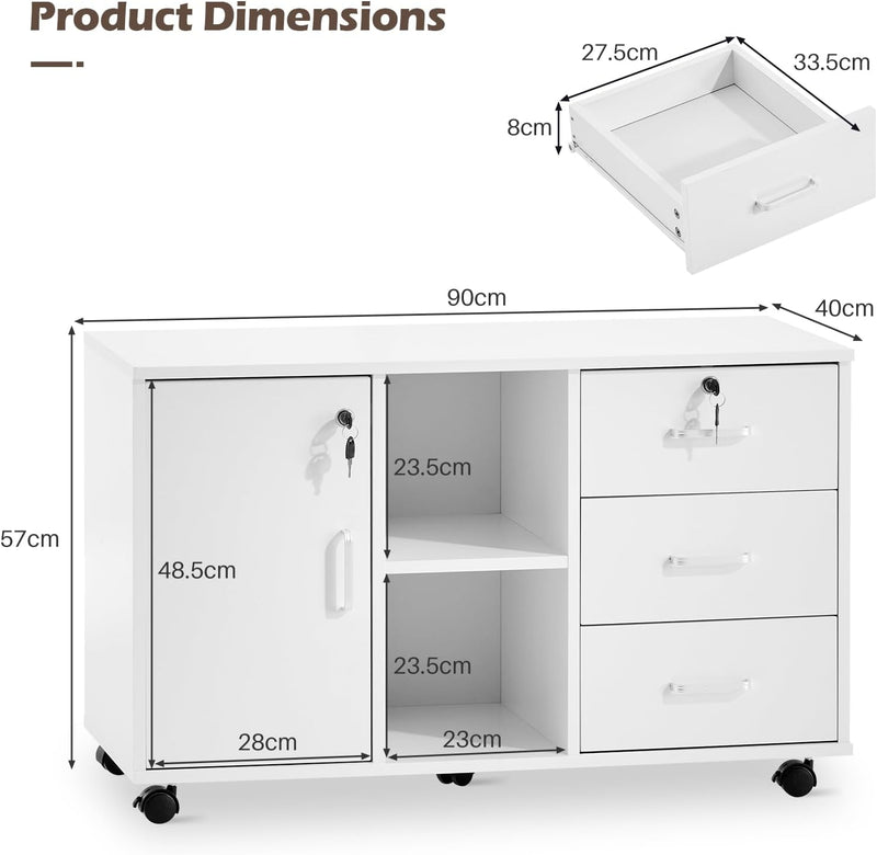 Mobile File Cabinet with 3 Drawers and Lockable
